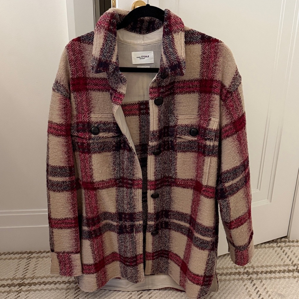 Isabel Marant Plaid Shacket in Cream, Burgundy and Charcoal